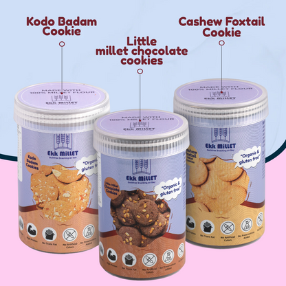 Combo Pack of Little Millet Chocolate Cookies (150 Gm), Cashew Foxtail (150 Gm), Kodo Badam (150 Gm)