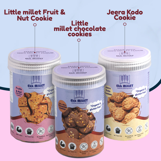 Combo Pack of Little Millet Chocolate Cookies (150 Gm), Little Millet Fruit n Nut (150 Gm), Jeera Kodo (100 Gm)