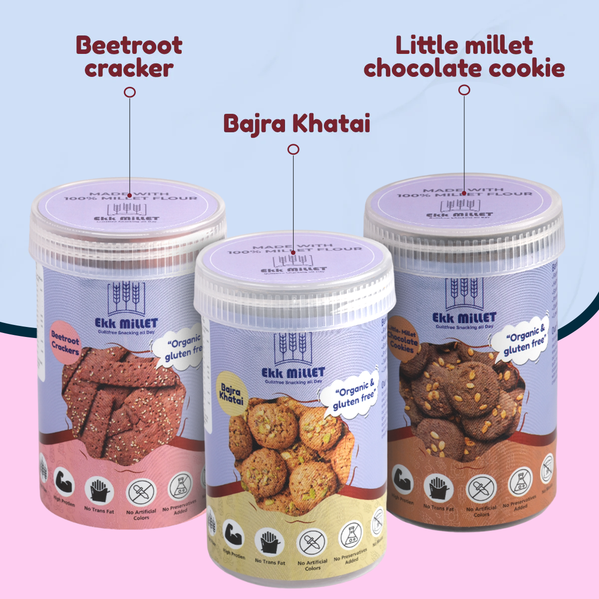 Combo Pack of Little Millet Chocolate Cookies (150 Gm), Bajra Khatai (100 Gm), Little Millet Beetroot Crackers (100 Gm)