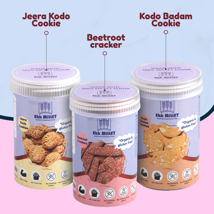 Combo Pack of Jeera Kodo (100 Gm), Beetroot Crackers (100 Gm), Kodo Badam (150 Gm)